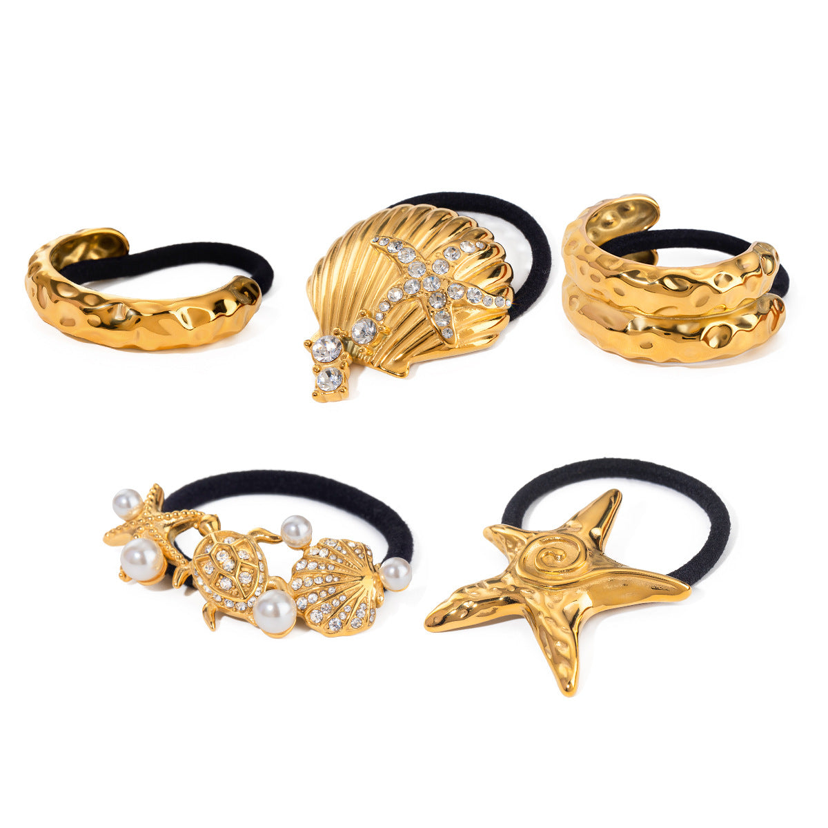 Wholesale 18k Gold Stainless Steel Temperament Fashion Double Layer Hammered Metal Hair Scrunchies